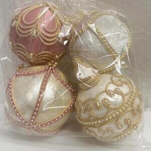 Elegant Decorative Christmas Ornaments Set Mate Pink and Gold Tone Victorian
